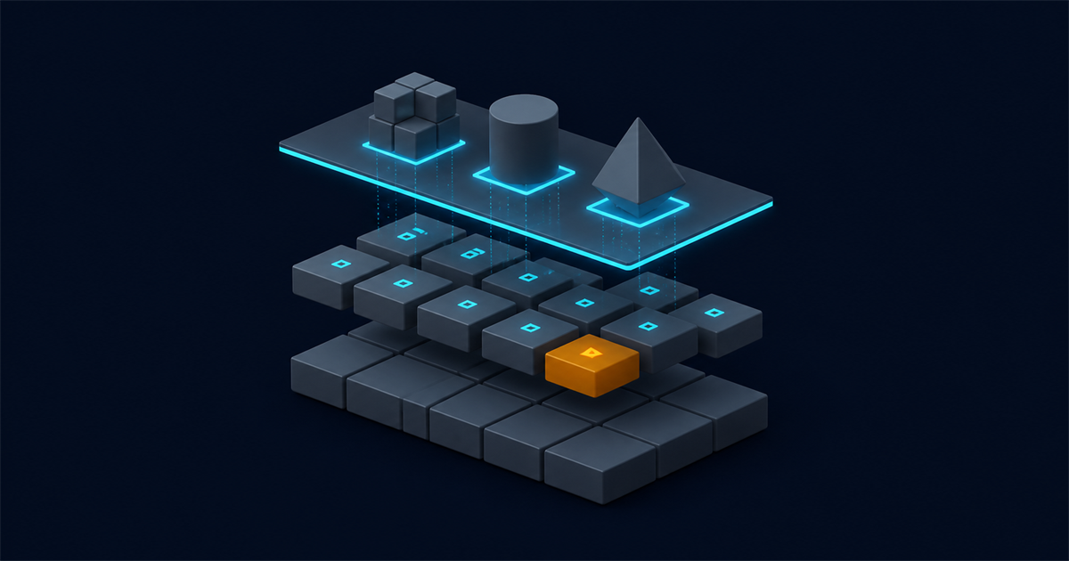 An isometric cutaway of three layers: undifferentiated grey blocks, the same blocks individually tagged, and a thin delivery plane producing three different outputs