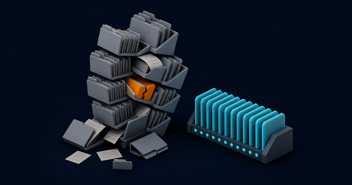 An isometric tower of nested duplicate folders collapsing under its own weight, beside a compact ordered rack of indexed asset cards