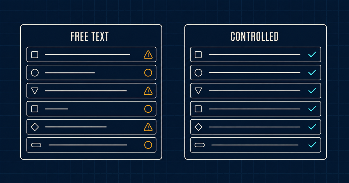 Two field lists side by side: free text with ragged inconsistent entries, and controlled with the same rows snapped to a fixed vocabulary and validation ticks