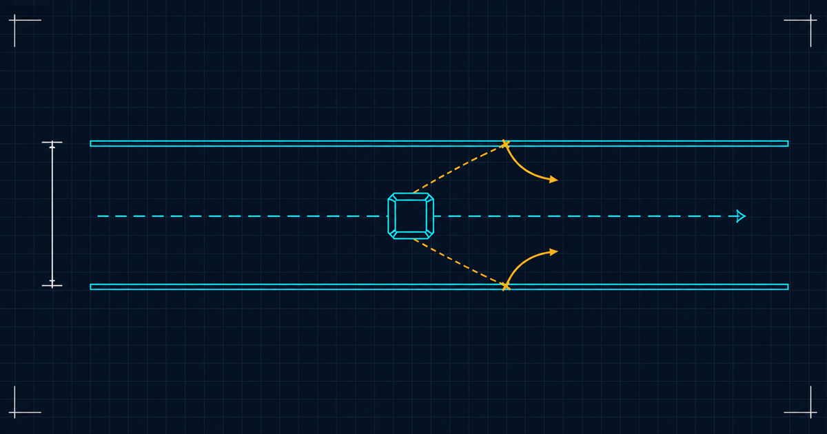 A schematic of a narrow channel with guide rails, an object travelling cleanly down the middle, and two amber attempts to exit deflected back