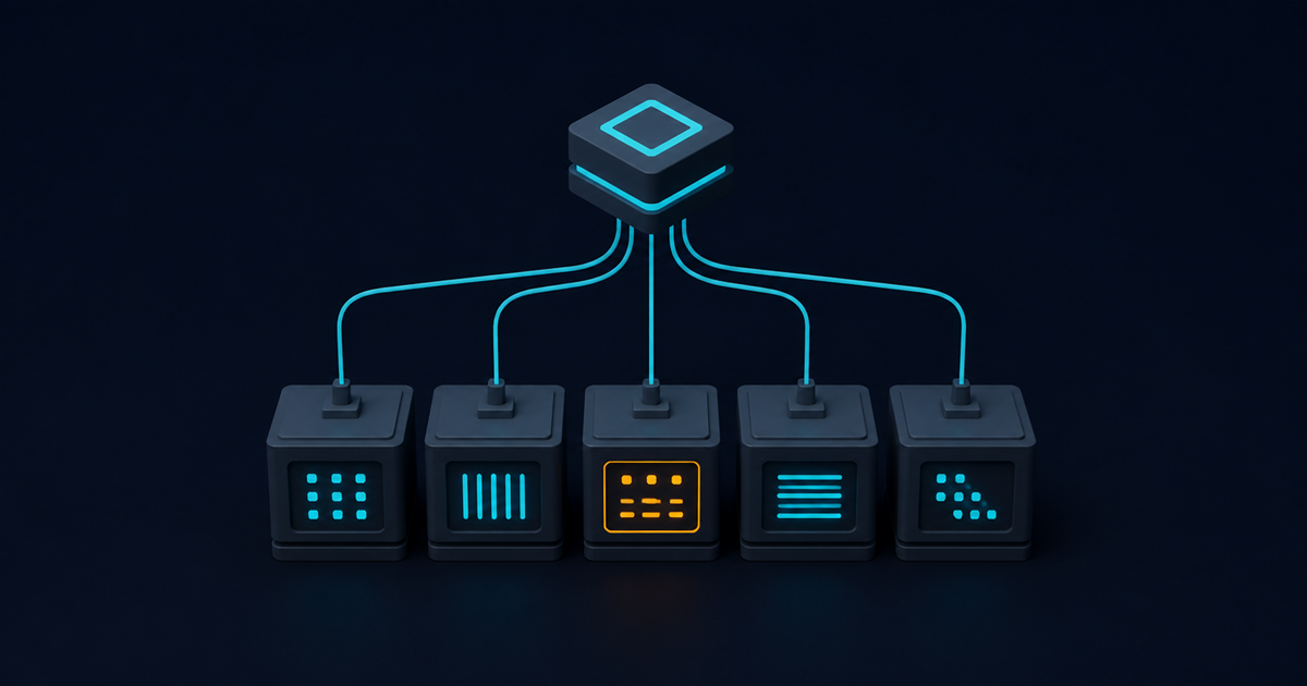 An isometric bank of five identical server modules, each with a distinct port pattern, connected upward to a single hovering client node