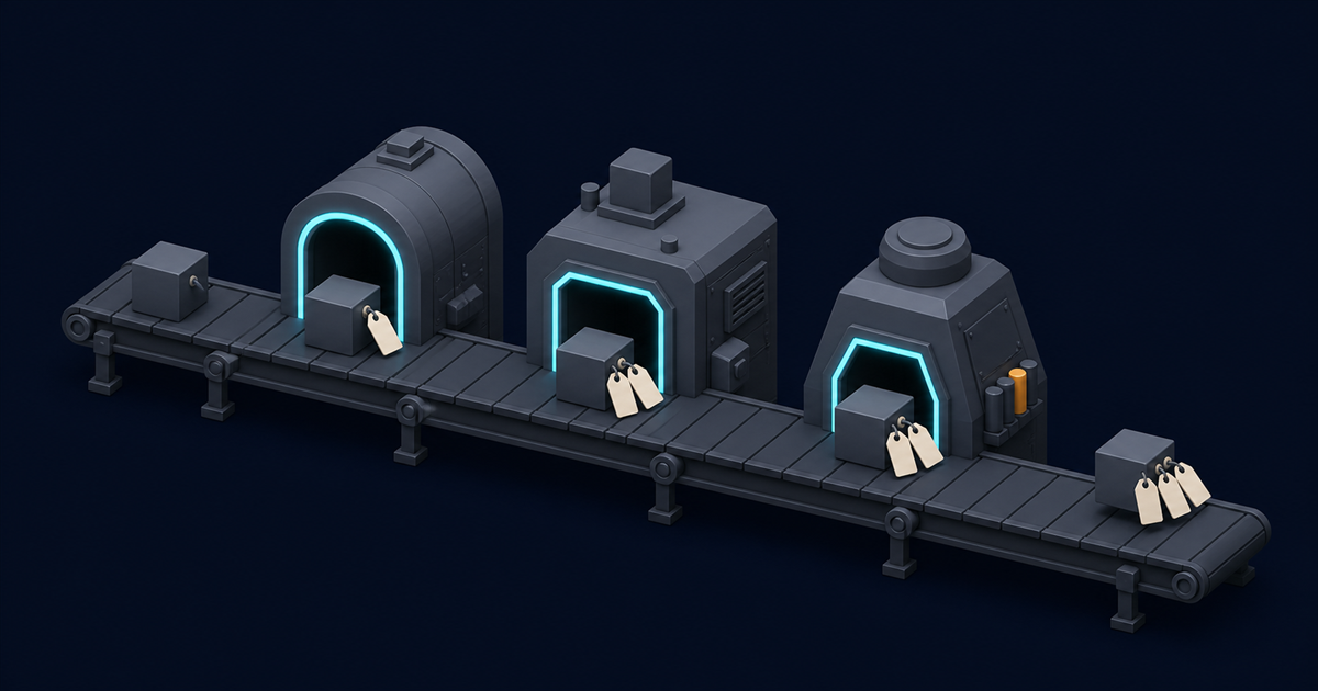 An isometric conveyor running through three distinct machine housings, an asset gaining an extra attached tag at each before exiting as a composite object