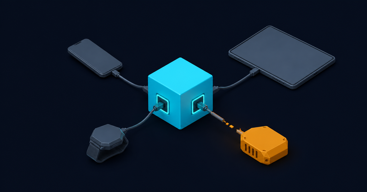 An isometric cyan core cube with machined API ports on every face, four different client devices connected to different ports, no screen on the core itself