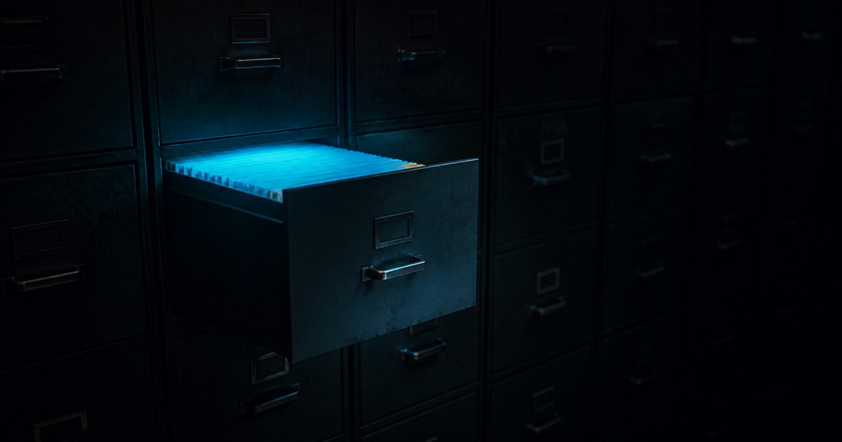A dark room of old filing cabinets with one drawer open and lit from inside by cyan light, the rest in deep shadow