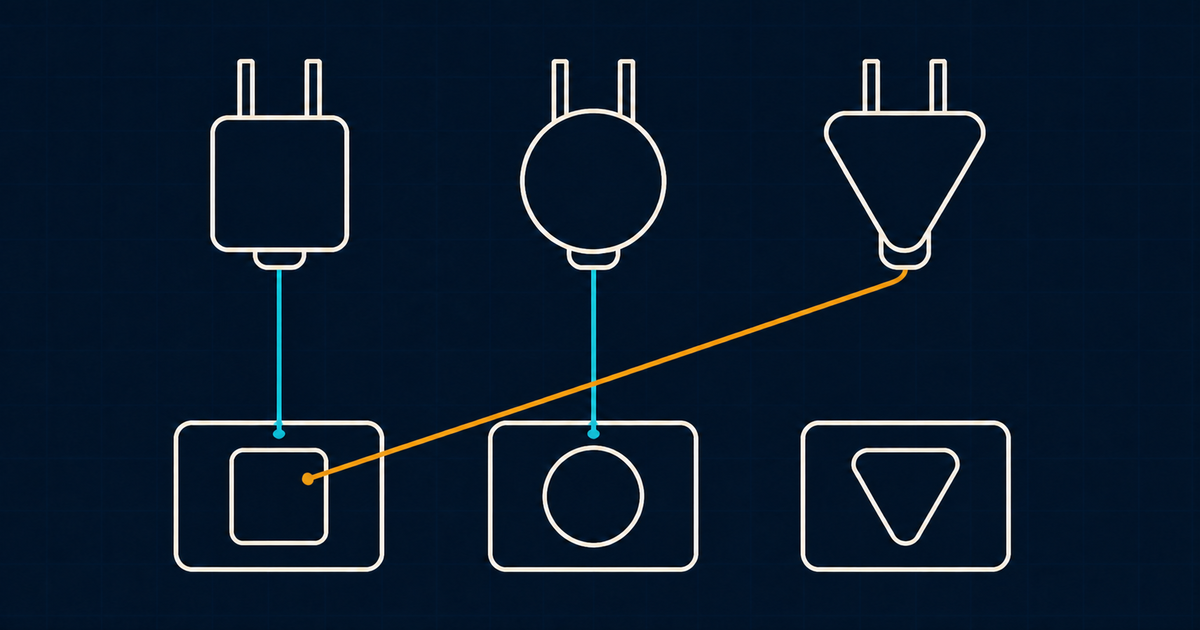 Three differently shaped sockets with three plugs above them, two matched in cyan and one mismatched in amber